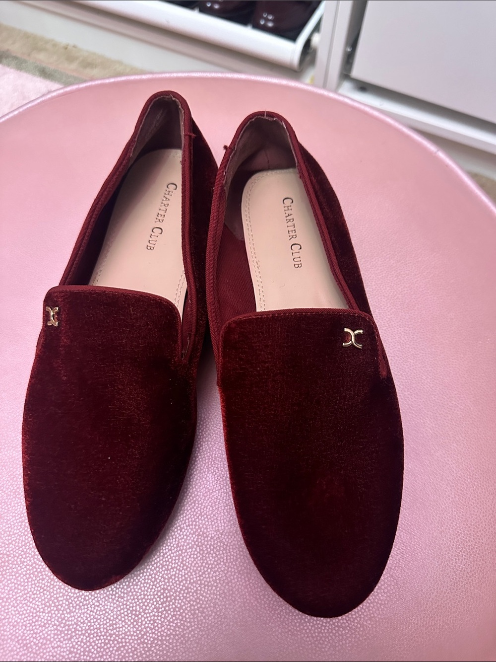 Charter Club Women's Wine Velvet Slip-On Loafers with Gold CC Accent